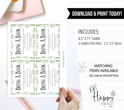 bring a book, books for baby insert, Printable baby shower games, greenery baby shower games, fun floral baby games, botanical baby shower games,