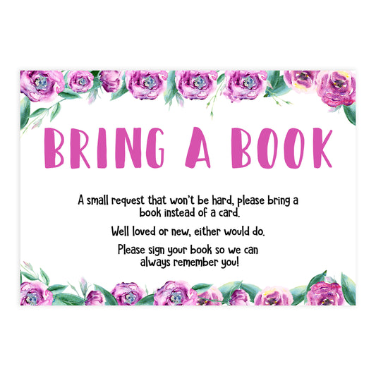 bring a book, books for baby, printable baby shower games, purple peonies baby shower games, fun baby shower ideas