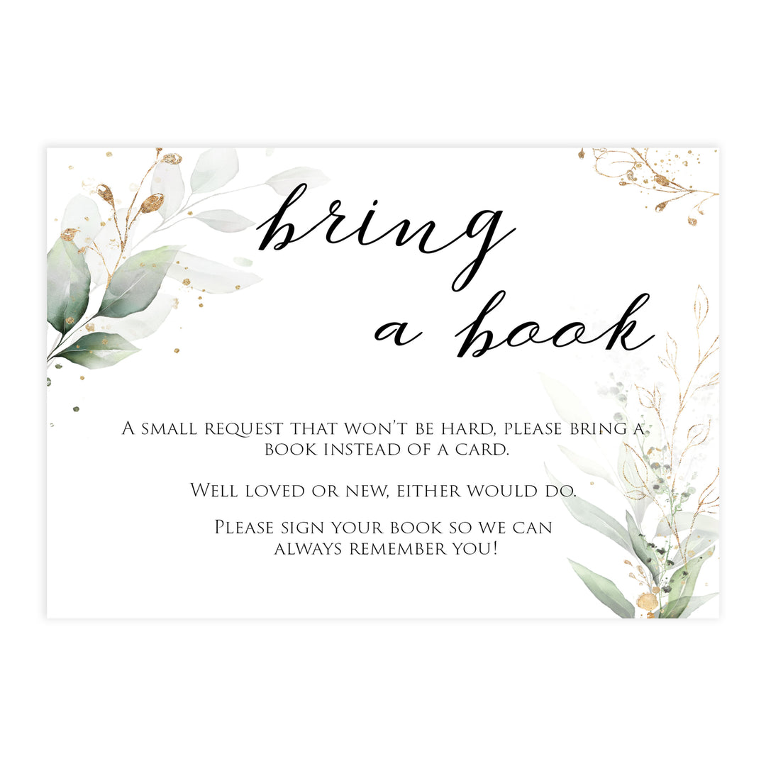 Gold green leaf baby games, bring a book, books for baby, printable baby games, fun baby games, top baby games to play, gold leaf baby shower, greenery baby shower ideas