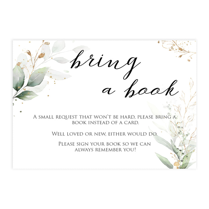 Gold green leaf baby games, bring a book, books for baby, printable baby games, fun baby games, top baby games to play, gold leaf baby shower, greenery baby shower ideas