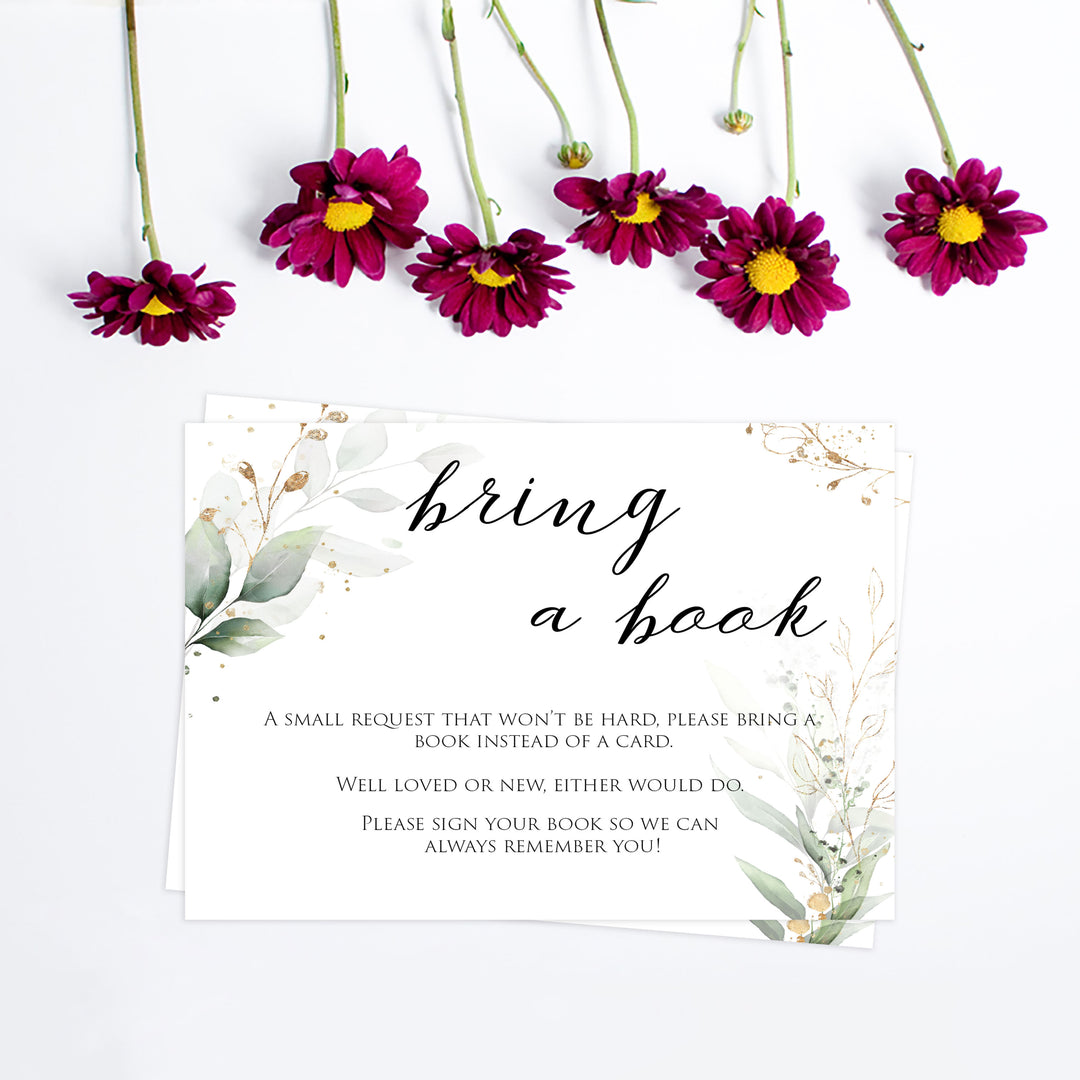 Gold green leaf baby games, bring a book, books for baby, printable baby games, fun baby games, top baby games to play, gold leaf baby shower, greenery baby shower ideas