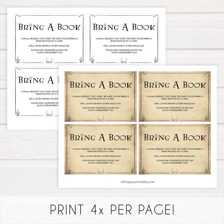 Bring A Book Baby Shower Insert, Wizard baby shower games, printable baby shower games, Harry Potter baby games, Harry Potter baby shower, fun baby shower games,  fun baby ideas