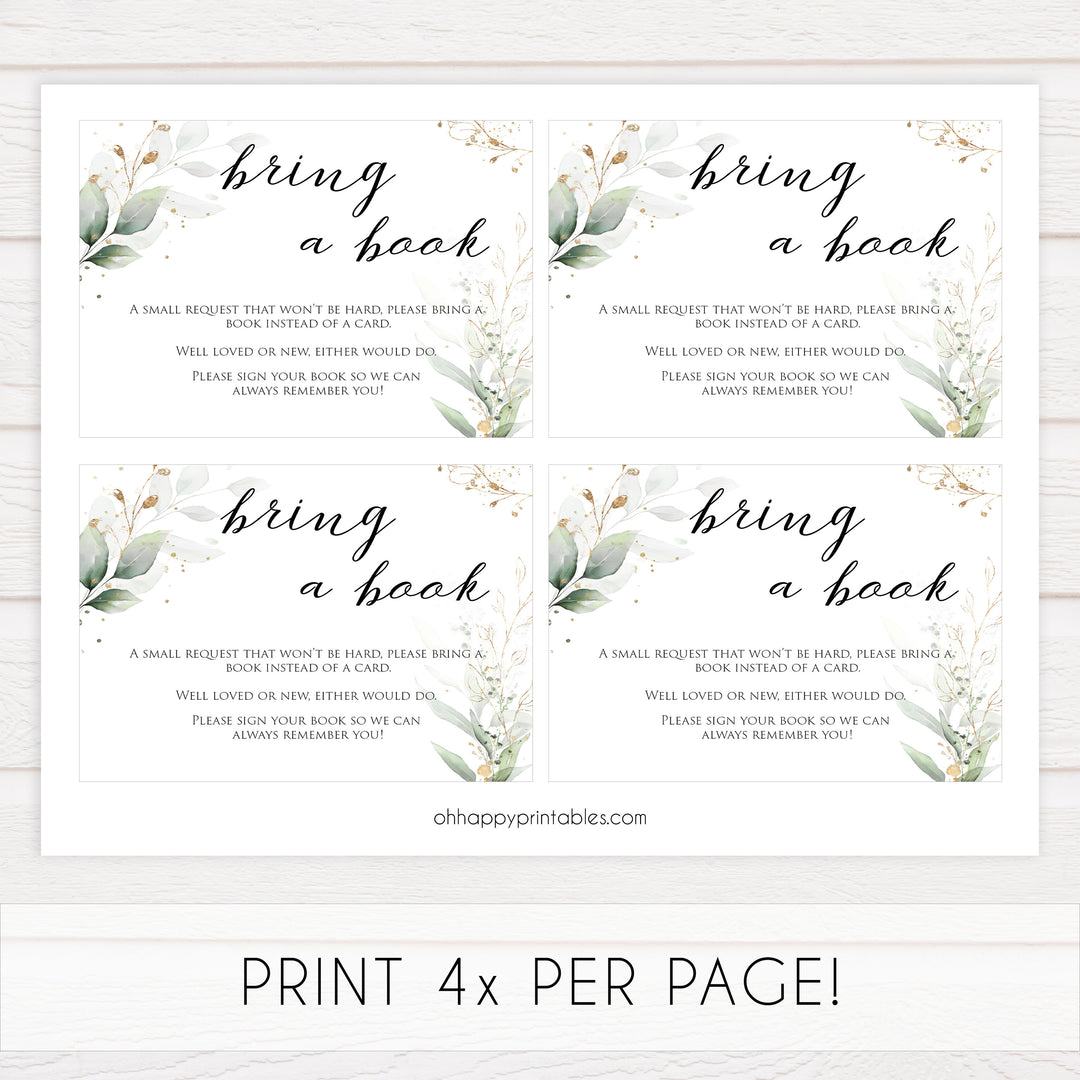 Gold green leaf baby games, bring a book, books for baby, printable baby games, fun baby games, top baby games to play, gold leaf baby shower, greenery baby shower ideas