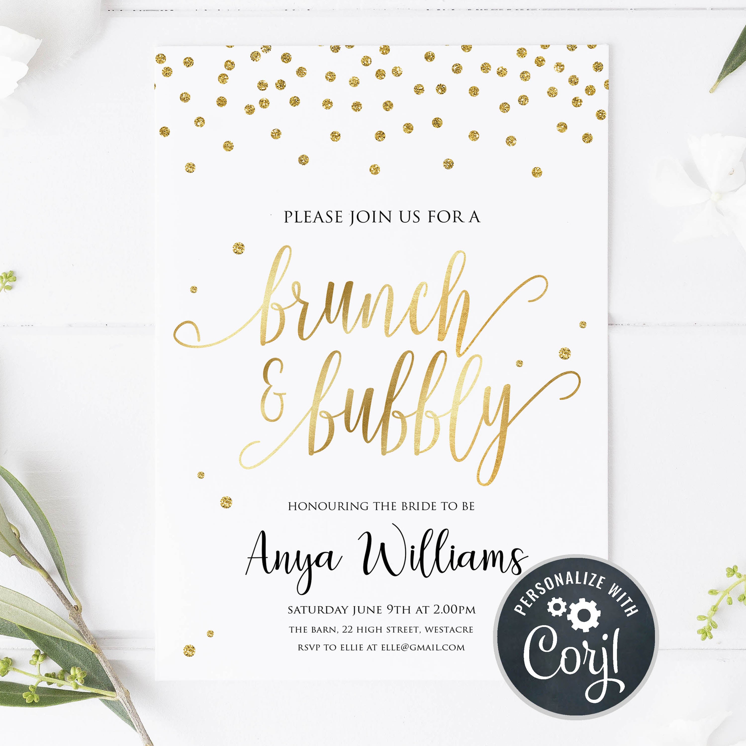 editable brunch and bubbly invitation, printable brunch and bubbly invitations, gold bridal shower invitations, gold brunch and bubbly invitation