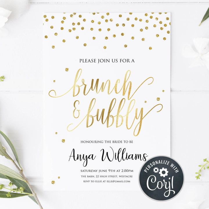 editable brunch and bubbly invitation, printable brunch and bubbly invitations, gold bridal shower invitations, gold brunch and bubbly invitation