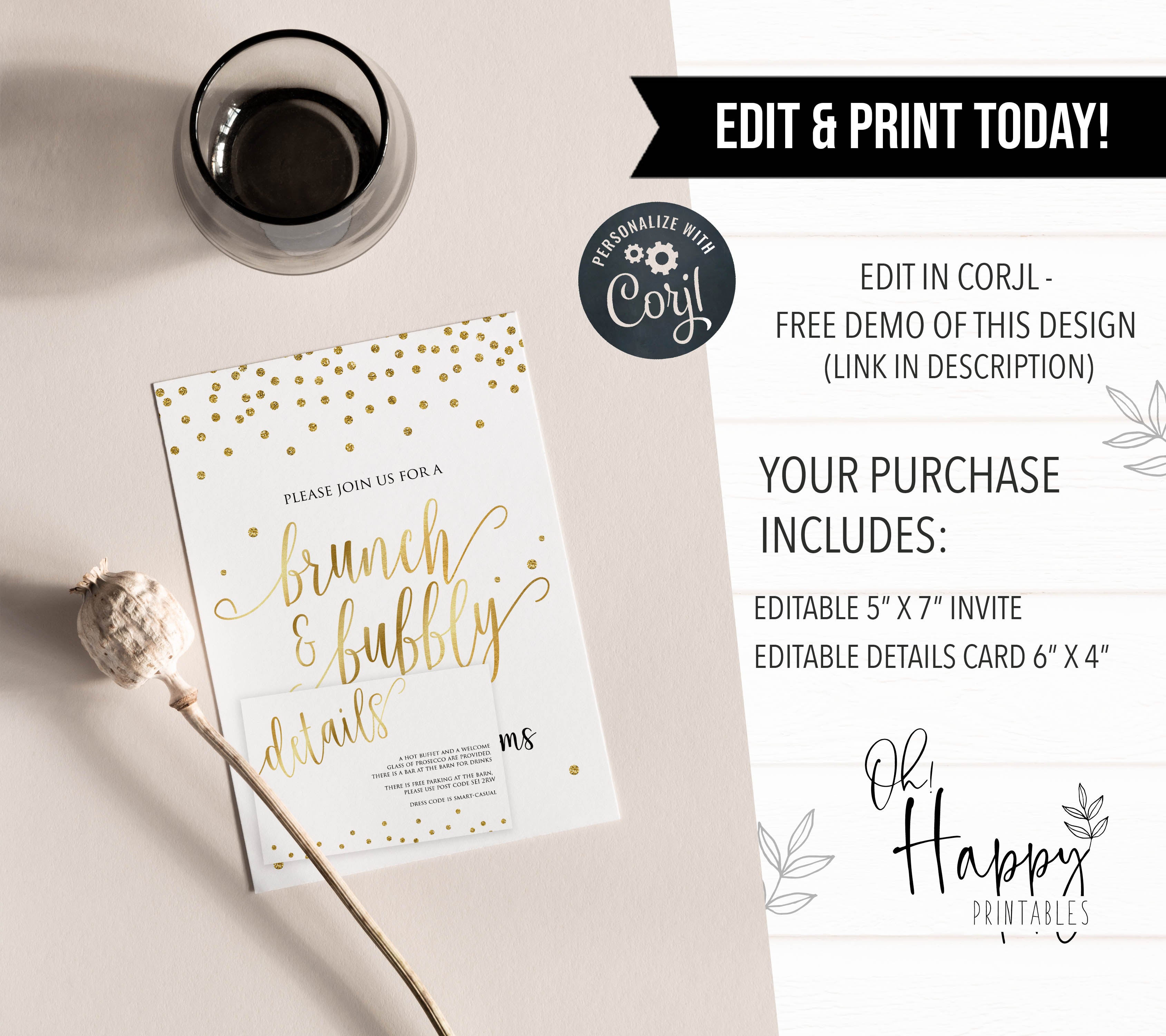 editable brunch and bubbly invitation, printable brunch and bubbly invitations, gold bridal shower invitations, gold brunch and bubbly invitation
