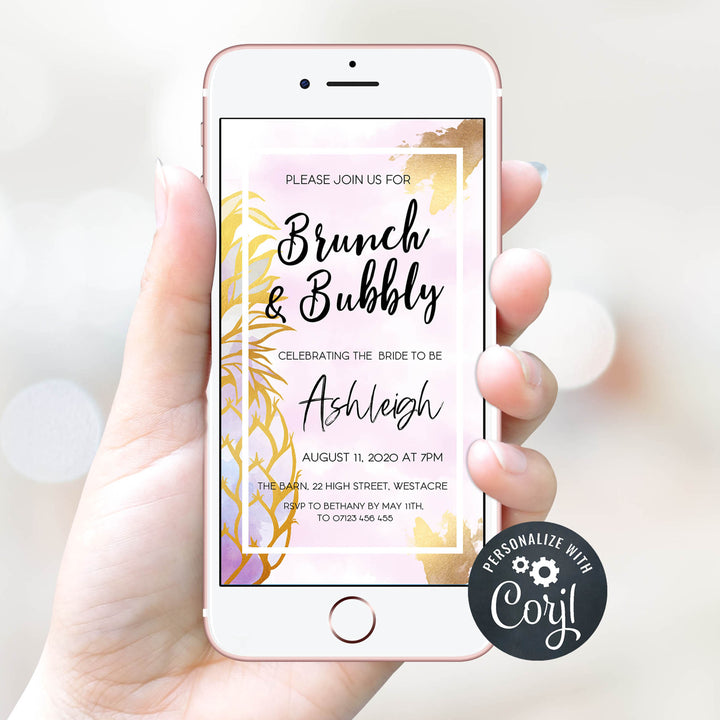 aloha brunch and bubbly bridal invitation, editable bridal shower invitations, editable mobile bridal invite, pineapple bridal shower invites
