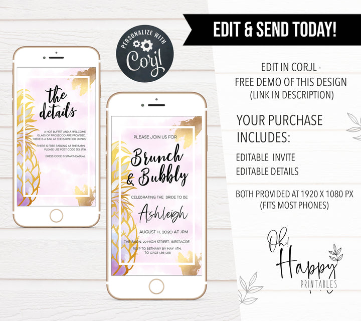 aloha brunch and bubbly bridal invitation, editable bridal shower invitations, editable mobile bridal invite, pineapple bridal shower invites