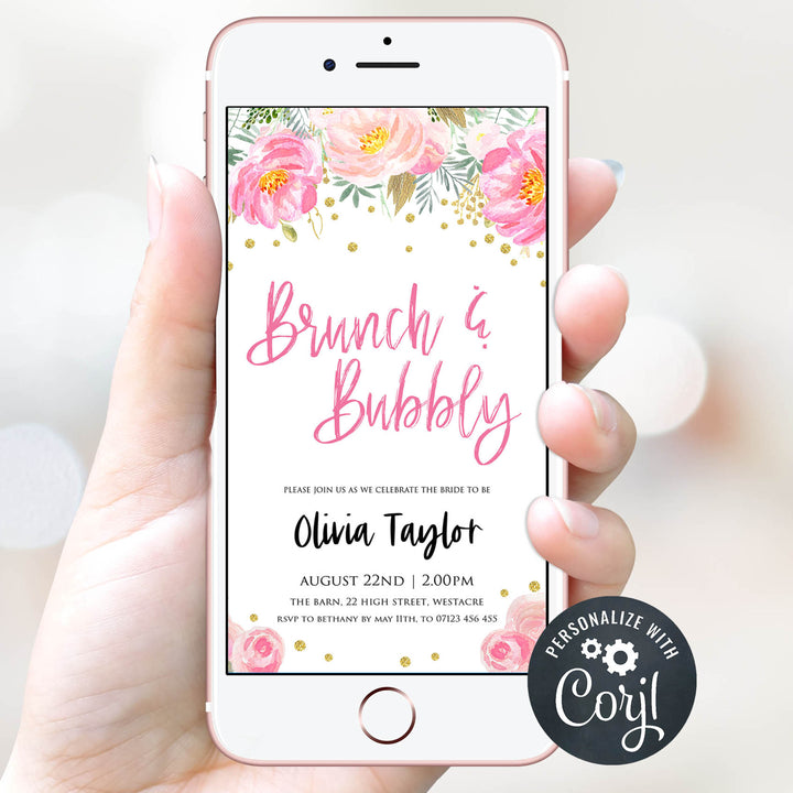 brunch and bubbly editable invite, blush floral bridal shower invitation, mobile bridal shower invitation, editable bridal invite, corjl bridal shower invite