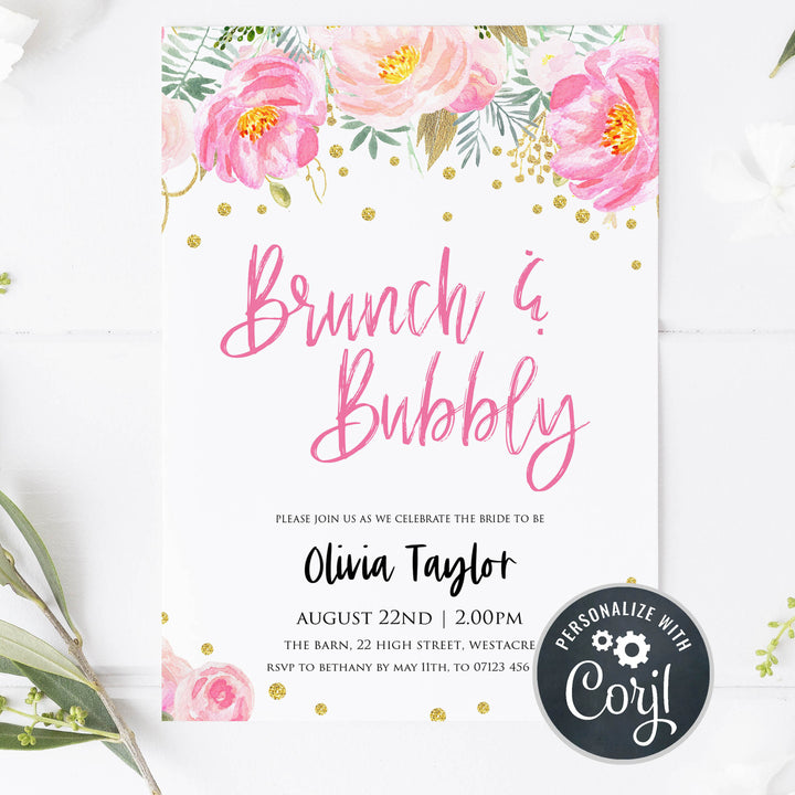 editable brunch and bubbly invite, bridal shower invitation, blush gold bachelorette invitation, editable bridal shower invitations, corjl invite, bachelorette party invite, floral bridal invite