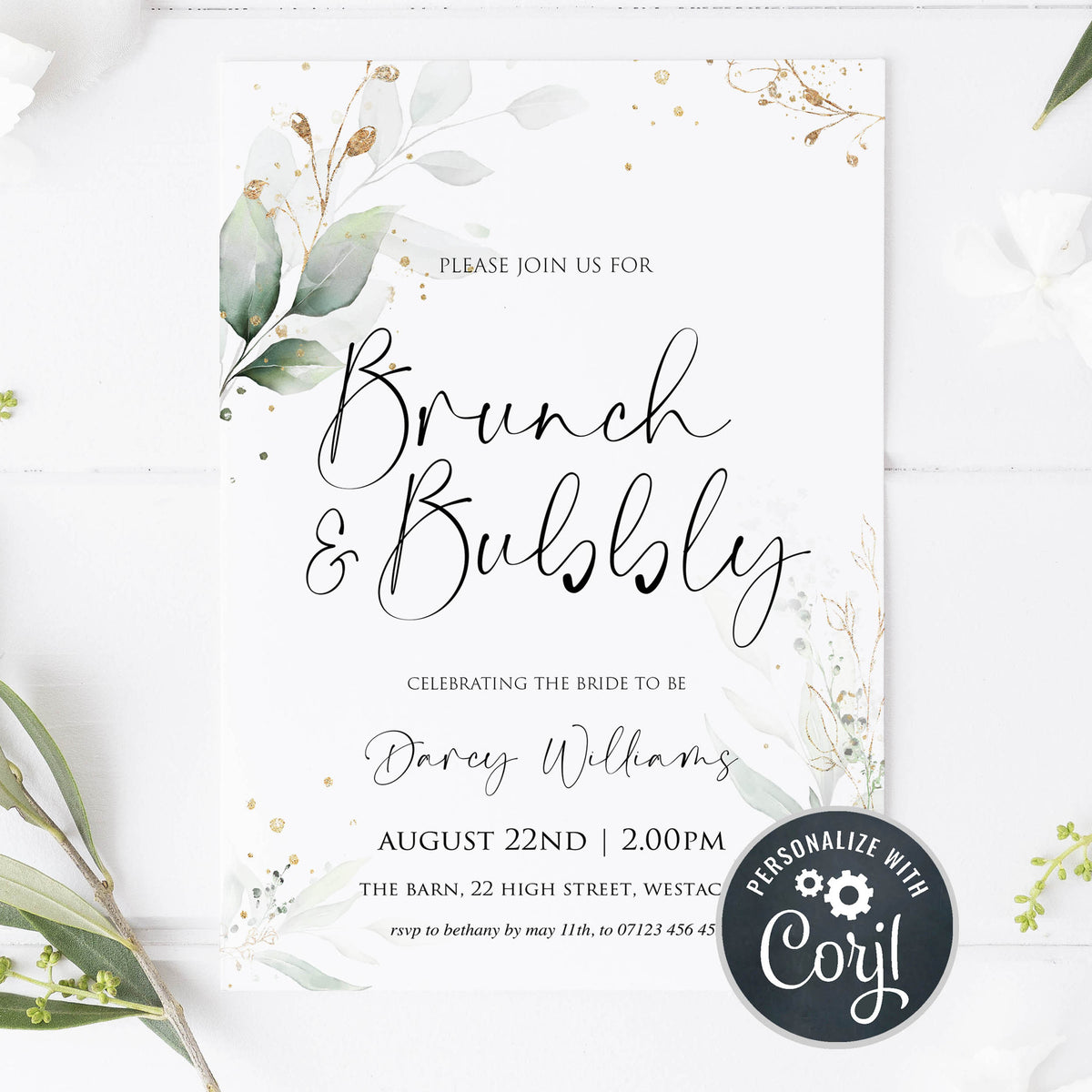brunch and bubbly invitations, editable bridal shower invitations, printable bridal shower invites, floral bachelorette invites, hen party invitations, gold floral bridal invitations