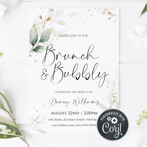brunch and bubbly invitations, editable bridal shower invitations, printable bridal shower invites, floral bachelorette invites, hen party invitations, gold floral bridal invitations