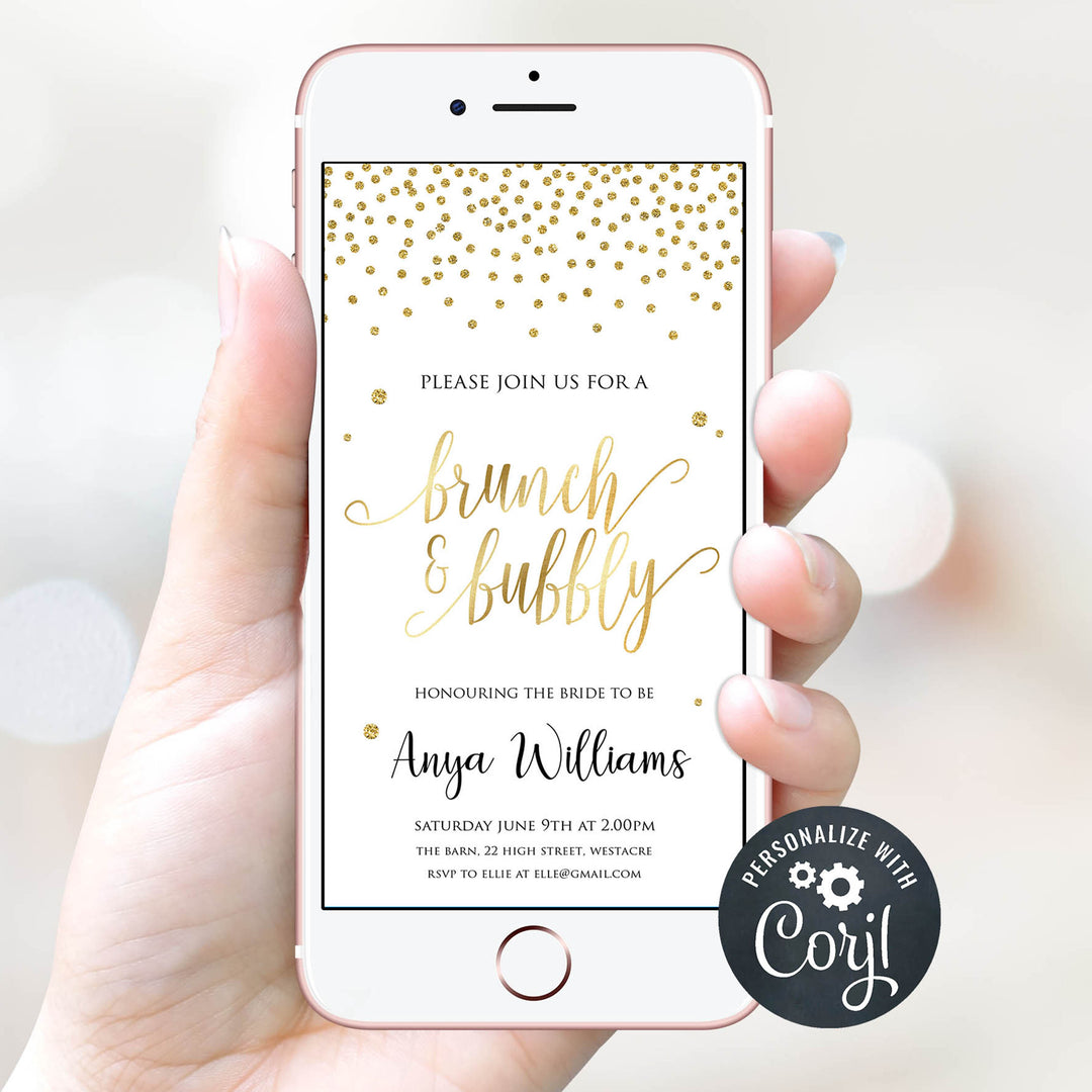 editable bridal shower invitations, mobile bridal shower invite, brunch and bubbly invite, gold bridal shower invitations