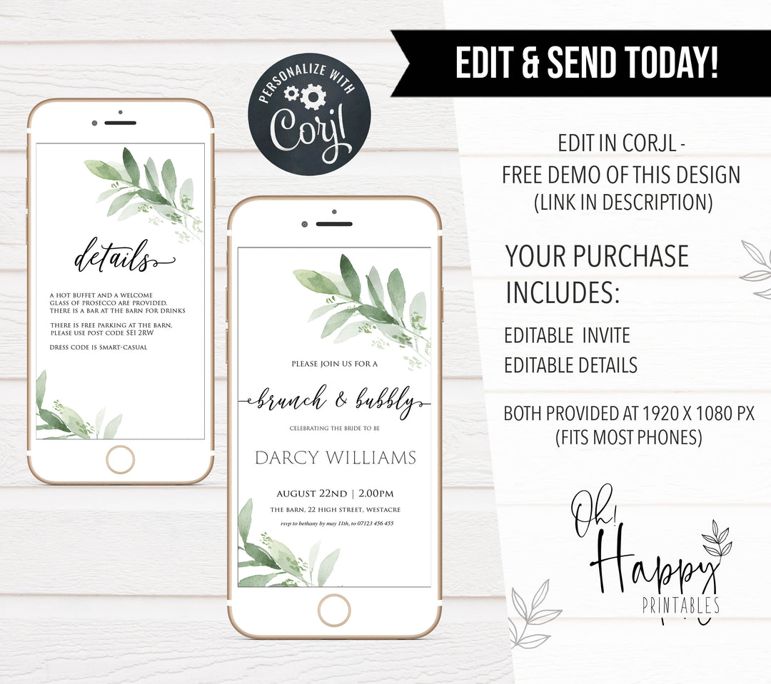 brunch and bubbly mobiel invite greenery bridal shower invite, mobile invites, editable bridal shower invite, corjl bridal invite, bachelorette party invite