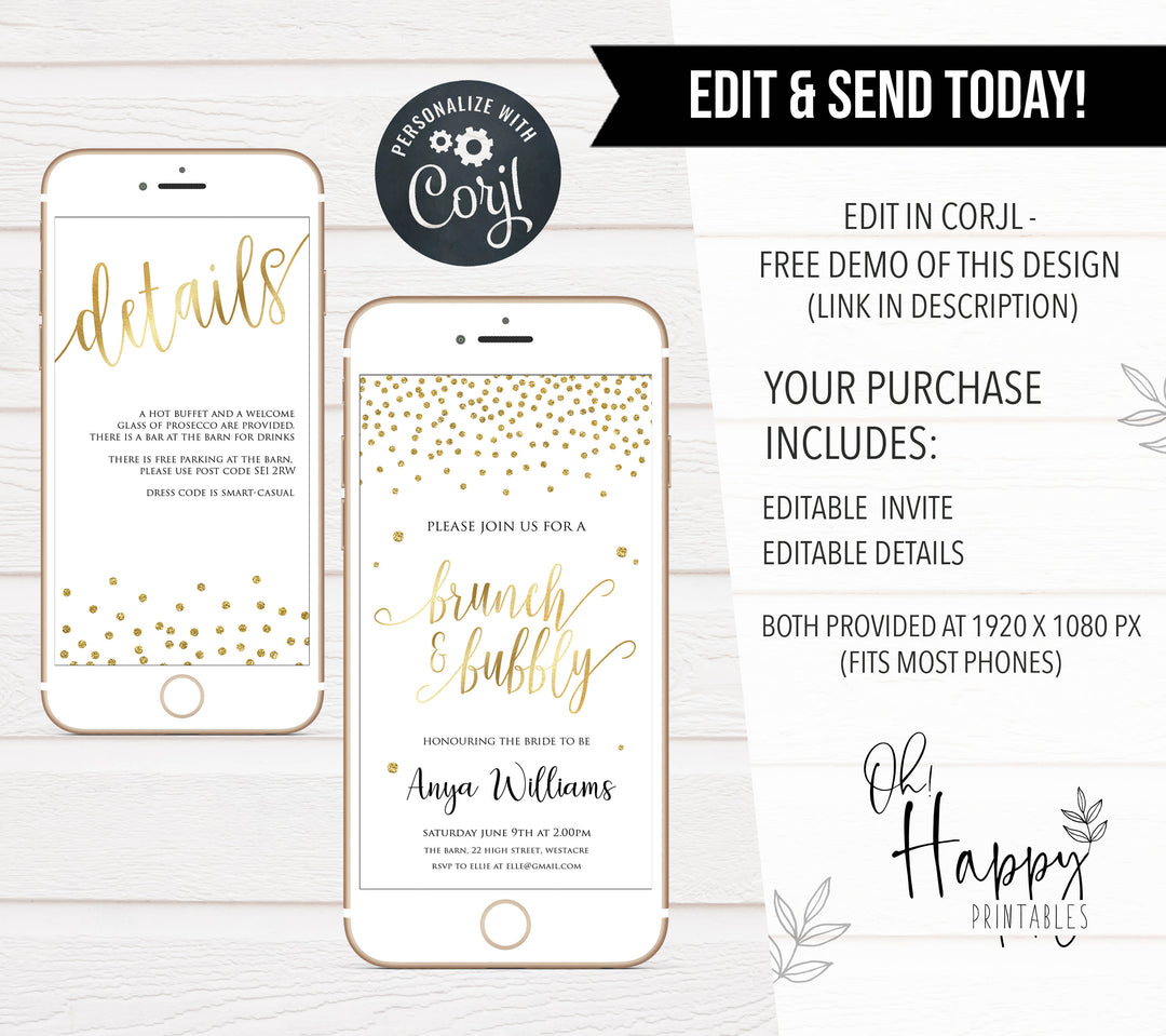 editable bridal shower invitations, mobile bridal shower invite, brunch and bubbly invite, gold bridal shower invitations
