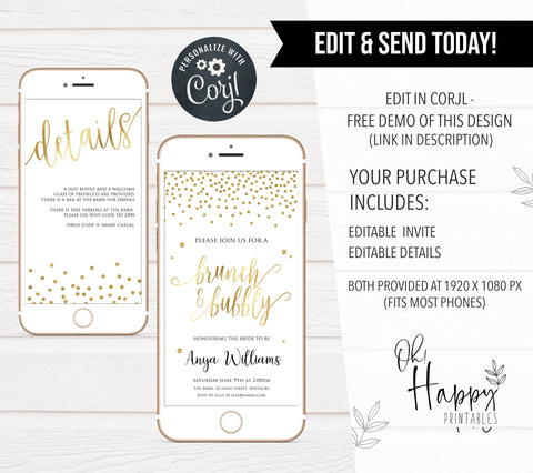editable bridal shower invitations, mobile bridal shower invite, brunch and bubbly invite, gold bridal shower invitations