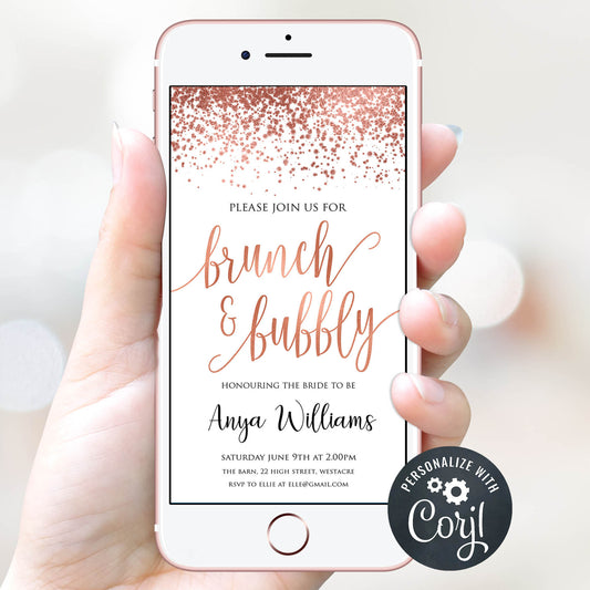Digital Brunch & Bubbly Invitation Template - Rose Gold Foil