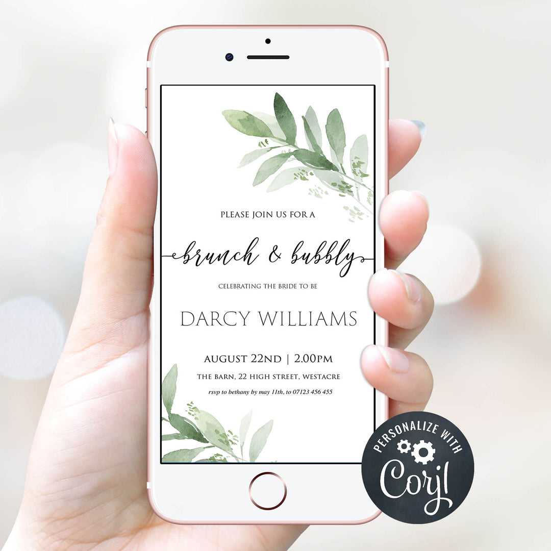 brunch and bubbly mobiel invite greenery bridal shower invite, mobile invites, editable bridal shower invite, corjl bridal invite, bachelorette party invite