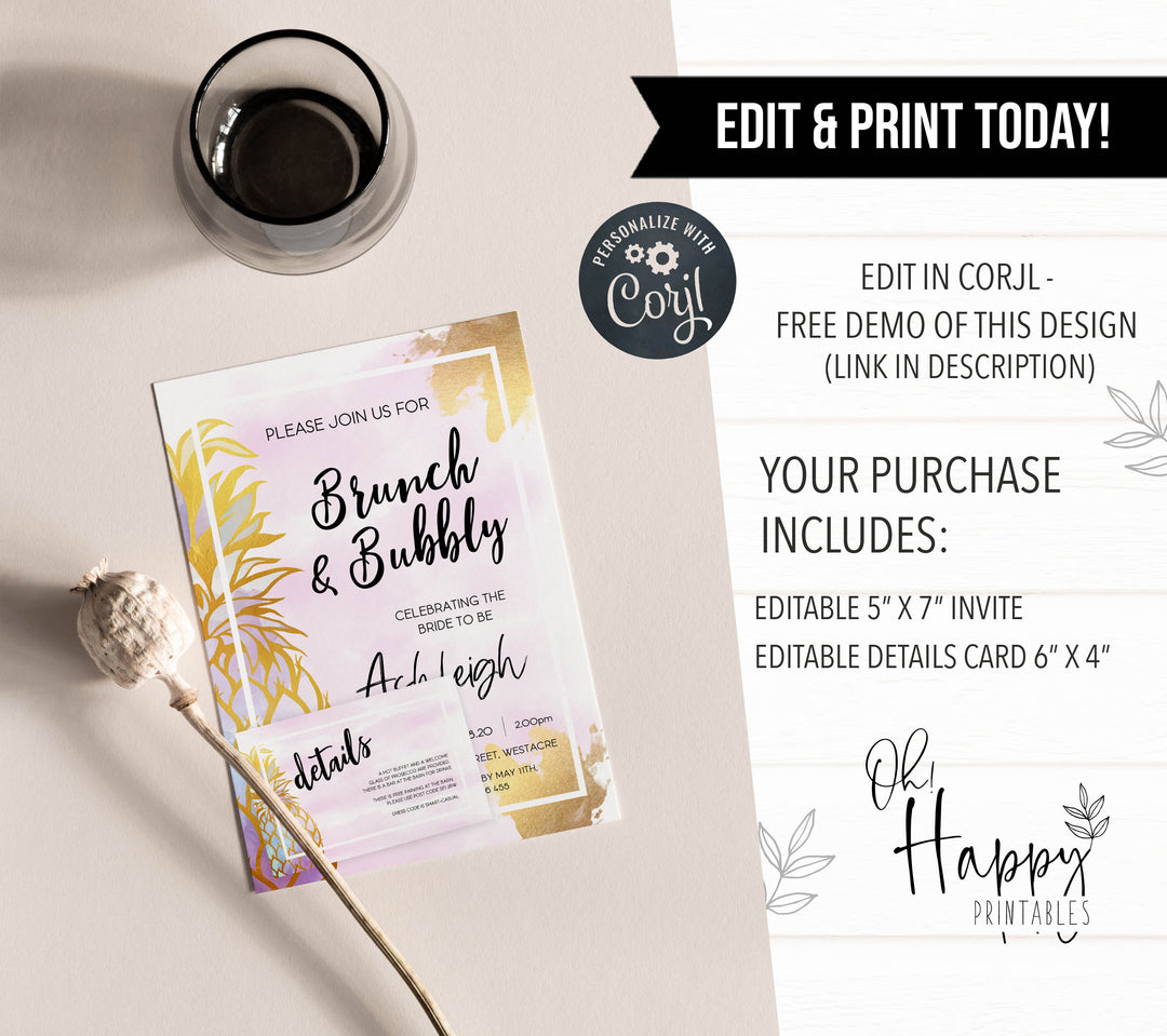 editable aloha brunch and bubbly editable invitation, editable bridal shower invitations, aloha bridal shower, editable bridal invite
