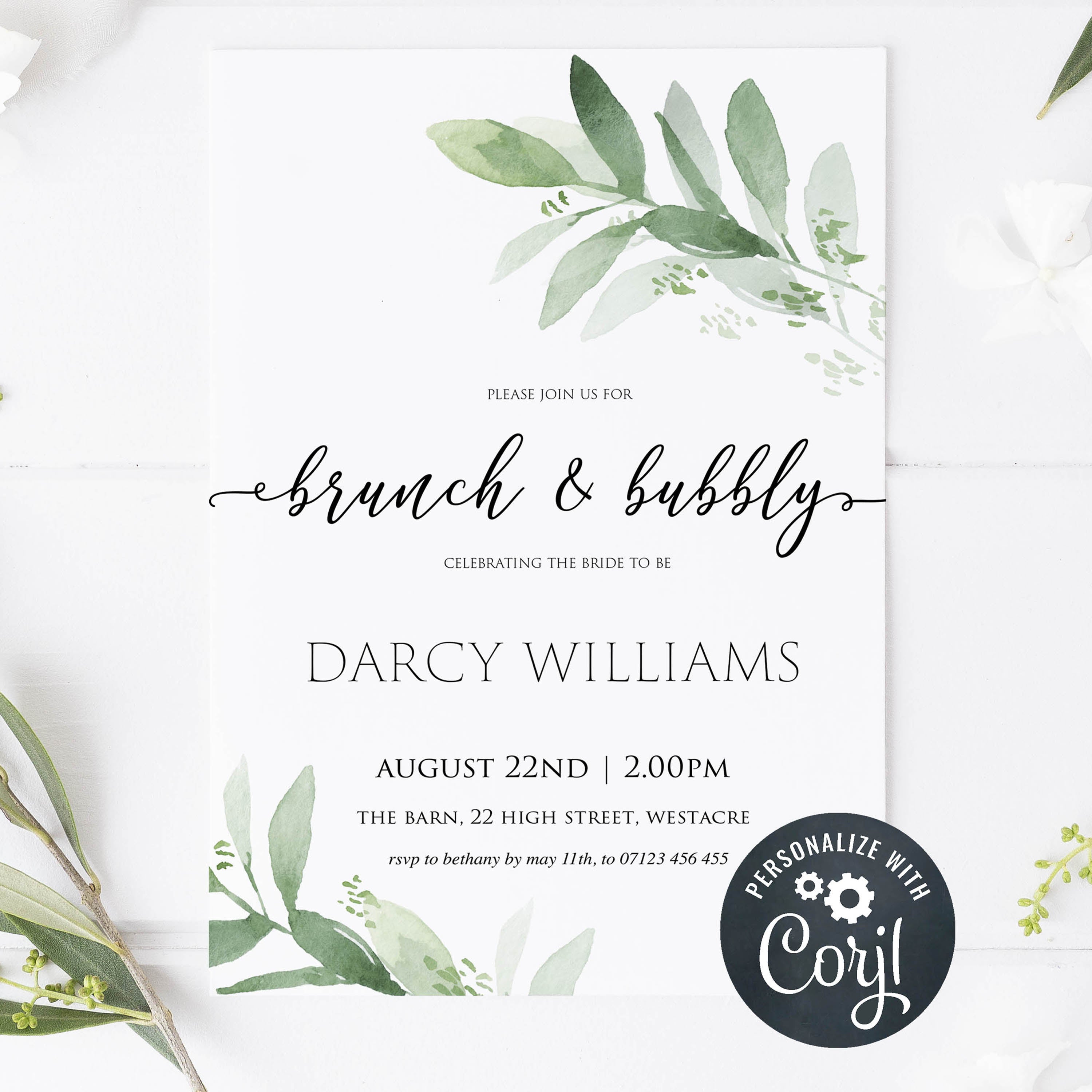 editable brunch and bubbly bridal shower invite, greenery bridal shower invite, mobile invites, editable bridal shower invite, corjl bridal invite, bachelorette party invite