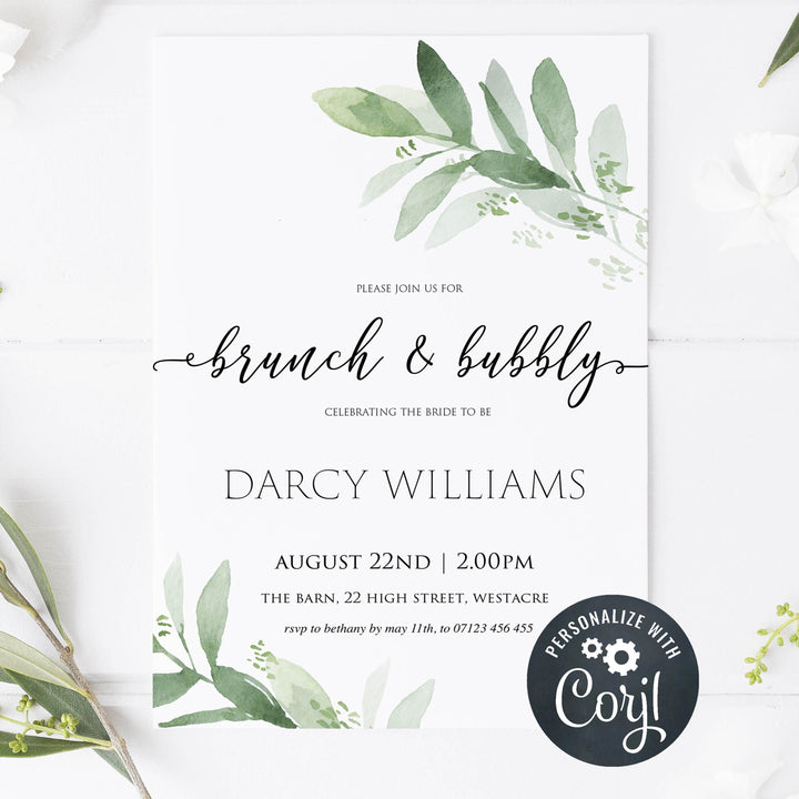 editable brunch and bubbly bridal shower invite, greenery bridal shower invite, mobile invites, editable bridal shower invite, corjl bridal invite, bachelorette party invite