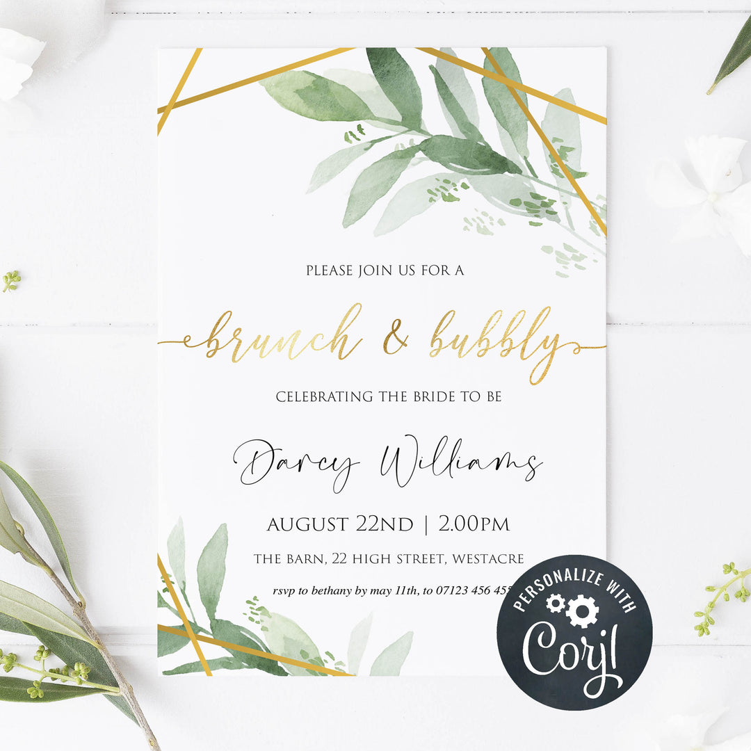 brunch and bubbly invitations, editable bridal shower invitations, printable bachelorette invitations, gold greenery bridal shower invites, greenery bridal shower ideas