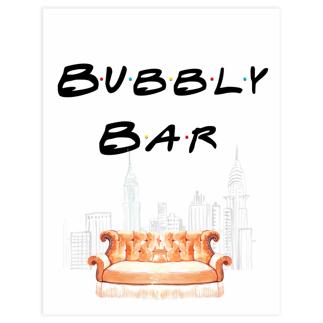bubbly bar table sign, Printable bridal shower signs, friends bridal shower decor, friends bridal shower decor ideas, fun bridal shower decor, bridal shower game ideas, friends bridal shower ideas