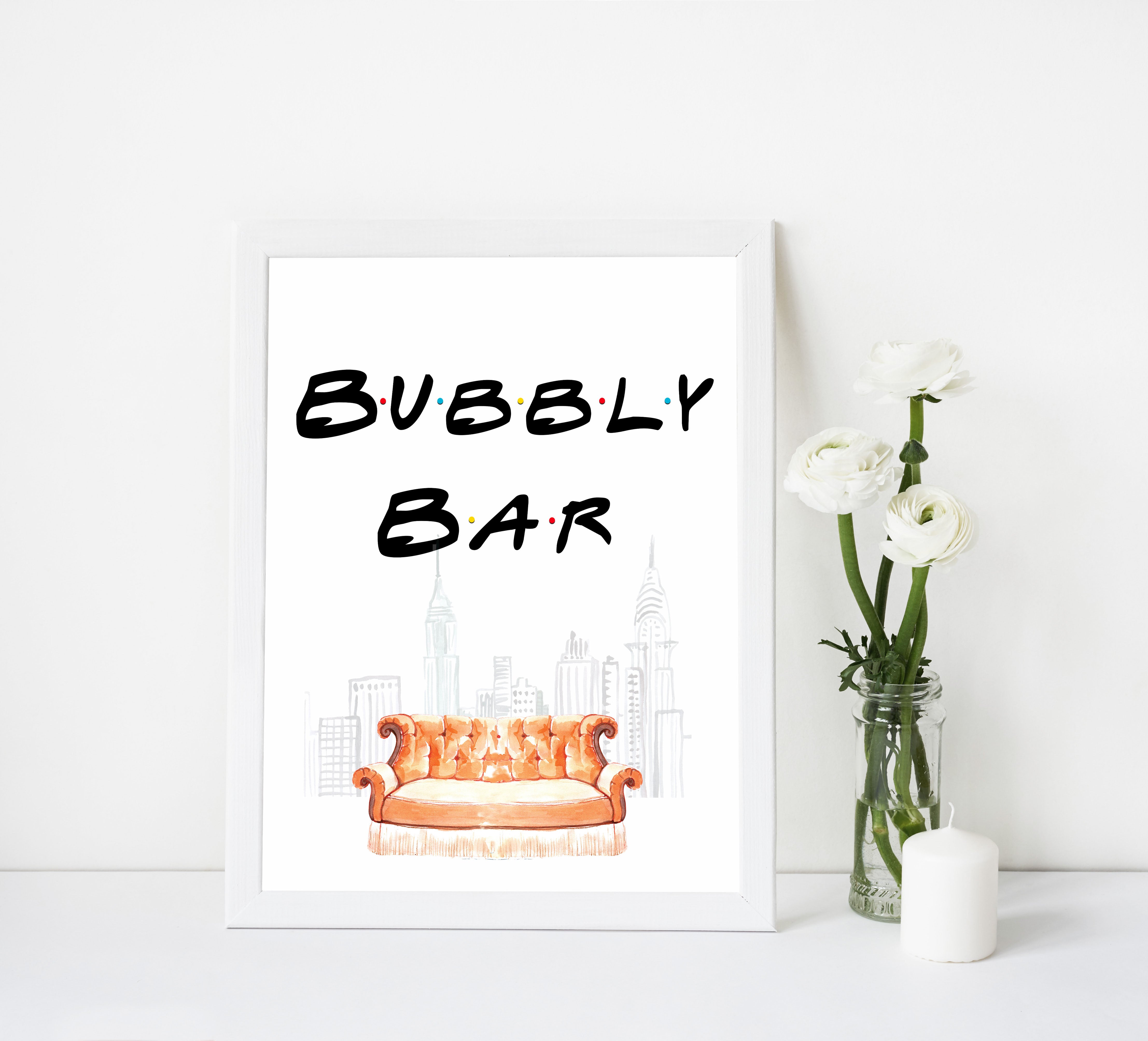 bubbly bar table sign, Printable bridal shower signs, friends bridal shower decor, friends bridal shower decor ideas, fun bridal shower decor, bridal shower game ideas, friends bridal shower ideas