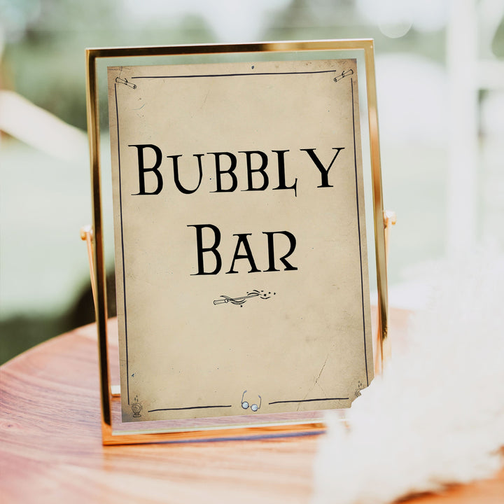 bubbly bar sign, Printable bridal shower signs, Harry Potter bridal shower decor, Harry Potter bridal shower decor ideas, fun bridal shower decor, bridal shower game ideas, Harry Potter bridal shower ideas