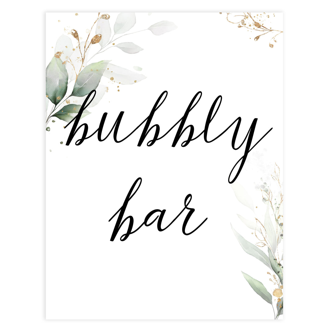 bubbly signs, bubbly bar decor, Printable bridal shower signs, greenery bridal shower decor, gold leaf bridal shower decor ideas, fun bridal shower decor, bridal shower game ideas, greenery bridal shower ideas