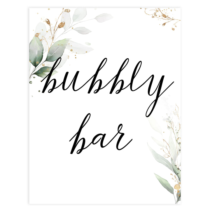 bubbly signs, bubbly bar decor, Printable bridal shower signs, greenery bridal shower decor, gold leaf bridal shower decor ideas, fun bridal shower decor, bridal shower game ideas, greenery bridal shower ideas
