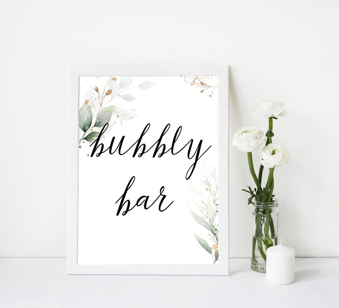 bubbly signs, bubbly bar decor, Printable bridal shower signs, greenery bridal shower decor, gold leaf bridal shower decor ideas, fun bridal shower decor, bridal shower game ideas, greenery bridal shower ideas