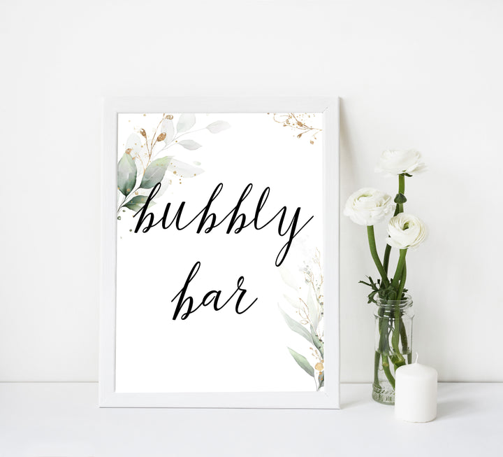 bubbly signs, bubbly bar decor, Printable bridal shower signs, greenery bridal shower decor, gold leaf bridal shower decor ideas, fun bridal shower decor, bridal shower game ideas, greenery bridal shower ideas