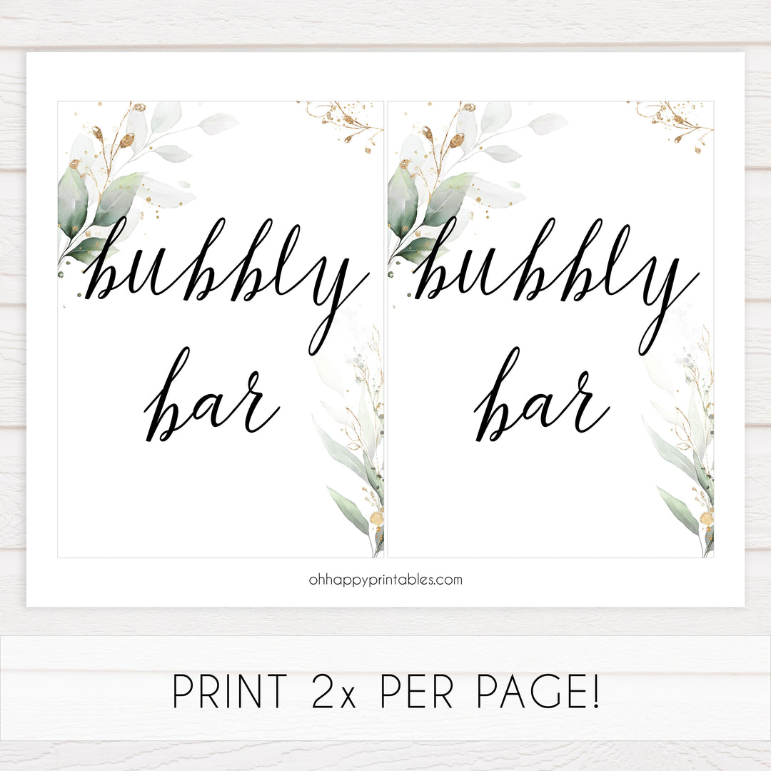 bubbly signs, bubbly bar decor, Printable bridal shower signs, greenery bridal shower decor, gold leaf bridal shower decor ideas, fun bridal shower decor, bridal shower game ideas, greenery bridal shower ideas