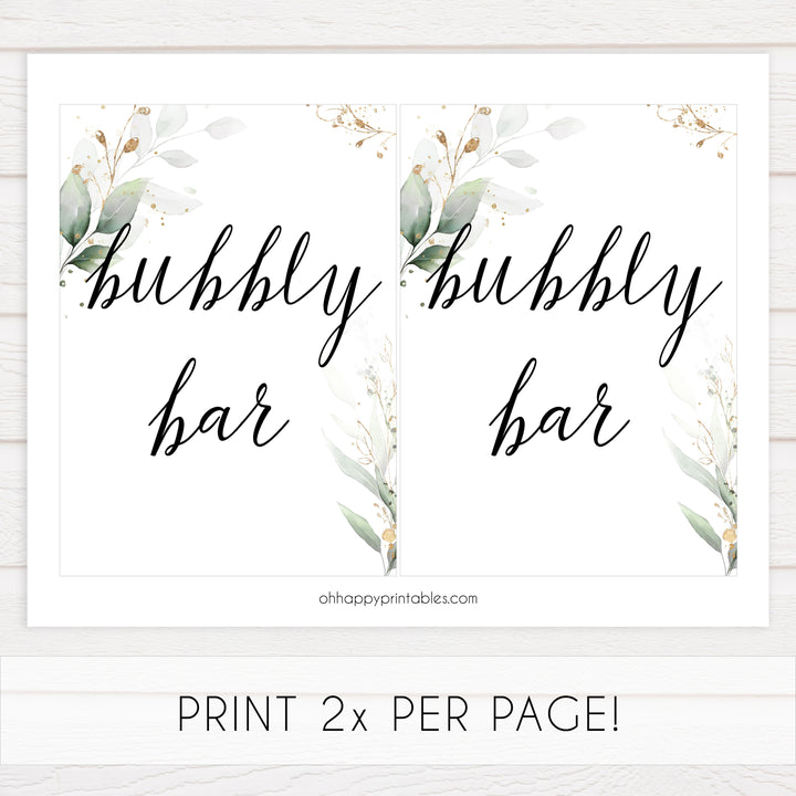 bubbly signs, bubbly bar decor, Printable bridal shower signs, greenery bridal shower decor, gold leaf bridal shower decor ideas, fun bridal shower decor, bridal shower game ideas, greenery bridal shower ideas