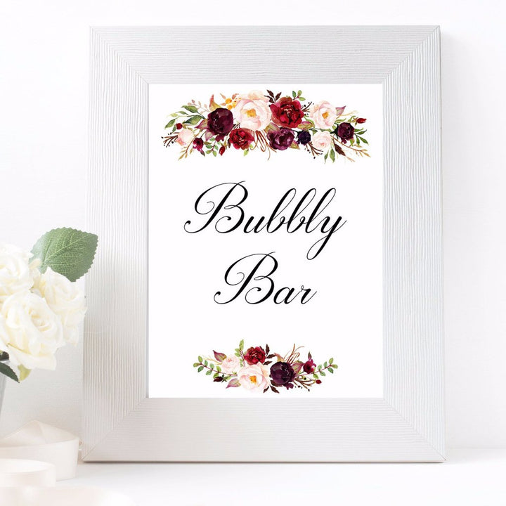 Bubbly Bar Marsala floral white wedding sign printable