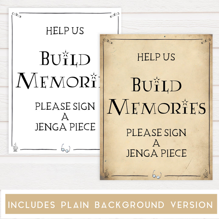 build memories sign, jenga bridal sign, Printable bridal shower signs, Harry Potter bridal shower decor, Harry Potter bridal shower decor ideas, fun bridal shower decor, bridal shower game ideas, Harry Potter bridal shower ideas