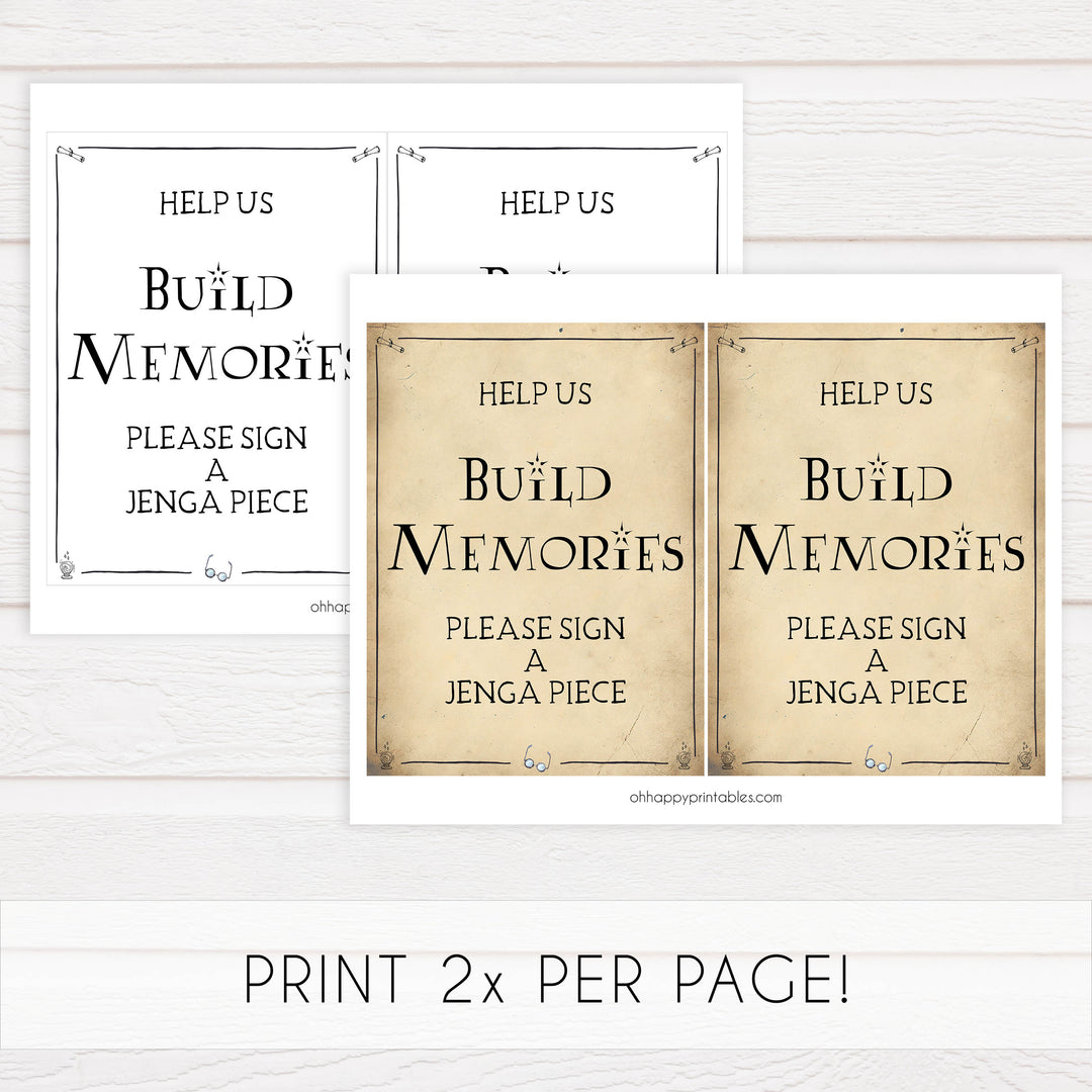 build memories sign, jenga bridal sign, Printable bridal shower signs, Harry Potter bridal shower decor, Harry Potter bridal shower decor ideas, fun bridal shower decor, bridal shower game ideas, Harry Potter bridal shower ideas