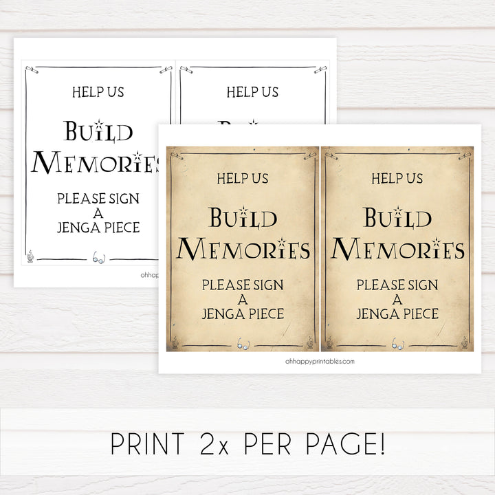 build memories sign, jenga bridal sign, Printable bridal shower signs, Harry Potter bridal shower decor, Harry Potter bridal shower decor ideas, fun bridal shower decor, bridal shower game ideas, Harry Potter bridal shower ideas