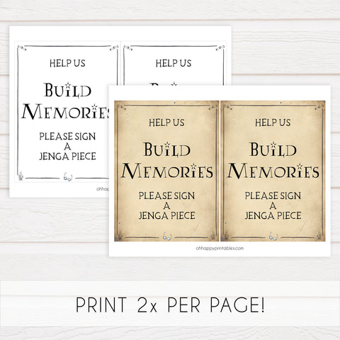 build memories sign, jenga bridal sign, Printable bridal shower signs, Harry Potter bridal shower decor, Harry Potter bridal shower decor ideas, fun bridal shower decor, bridal shower game ideas, Harry Potter bridal shower ideas