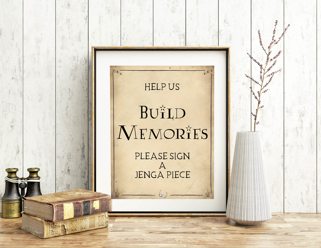 build memories sign, jenga bridal sign, Printable bridal shower signs, Harry Potter bridal shower decor, Harry Potter bridal shower decor ideas, fun bridal shower decor, bridal shower game ideas, Harry Potter bridal shower ideas