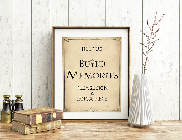 build memories sign, jenga bridal sign, Printable bridal shower signs, Harry Potter bridal shower decor, Harry Potter bridal shower decor ideas, fun bridal shower decor, bridal shower game ideas, Harry Potter bridal shower ideas
