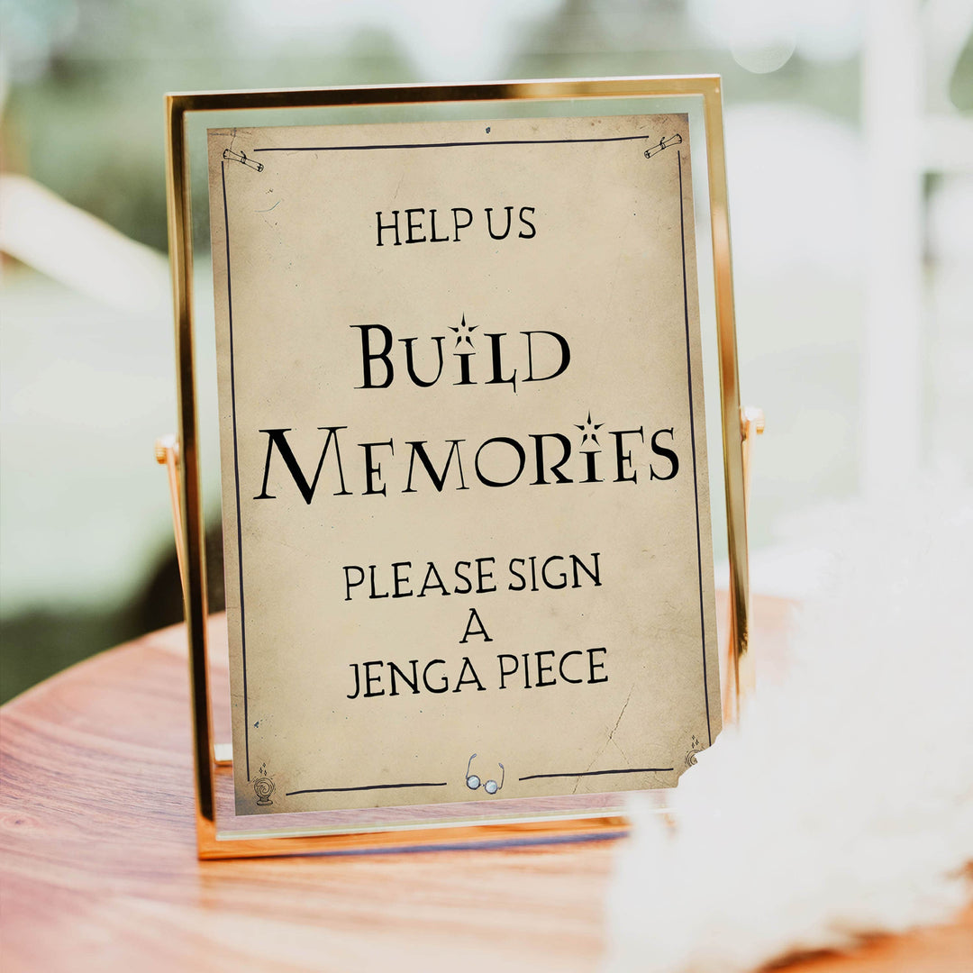 build memories sign, jenga bridal sign, Printable bridal shower signs, Harry Potter bridal shower decor, Harry Potter bridal shower decor ideas, fun bridal shower decor, bridal shower game ideas, Harry Potter bridal shower ideas
