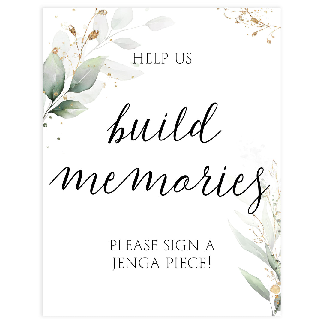 build memories jenga bridal signs, jenga table signs, Printable bridal shower signs, greenery bridal shower decor, gold leaf bridal shower decor ideas, fun bridal shower decor, bridal shower game ideas, greenery bridal shower ideas