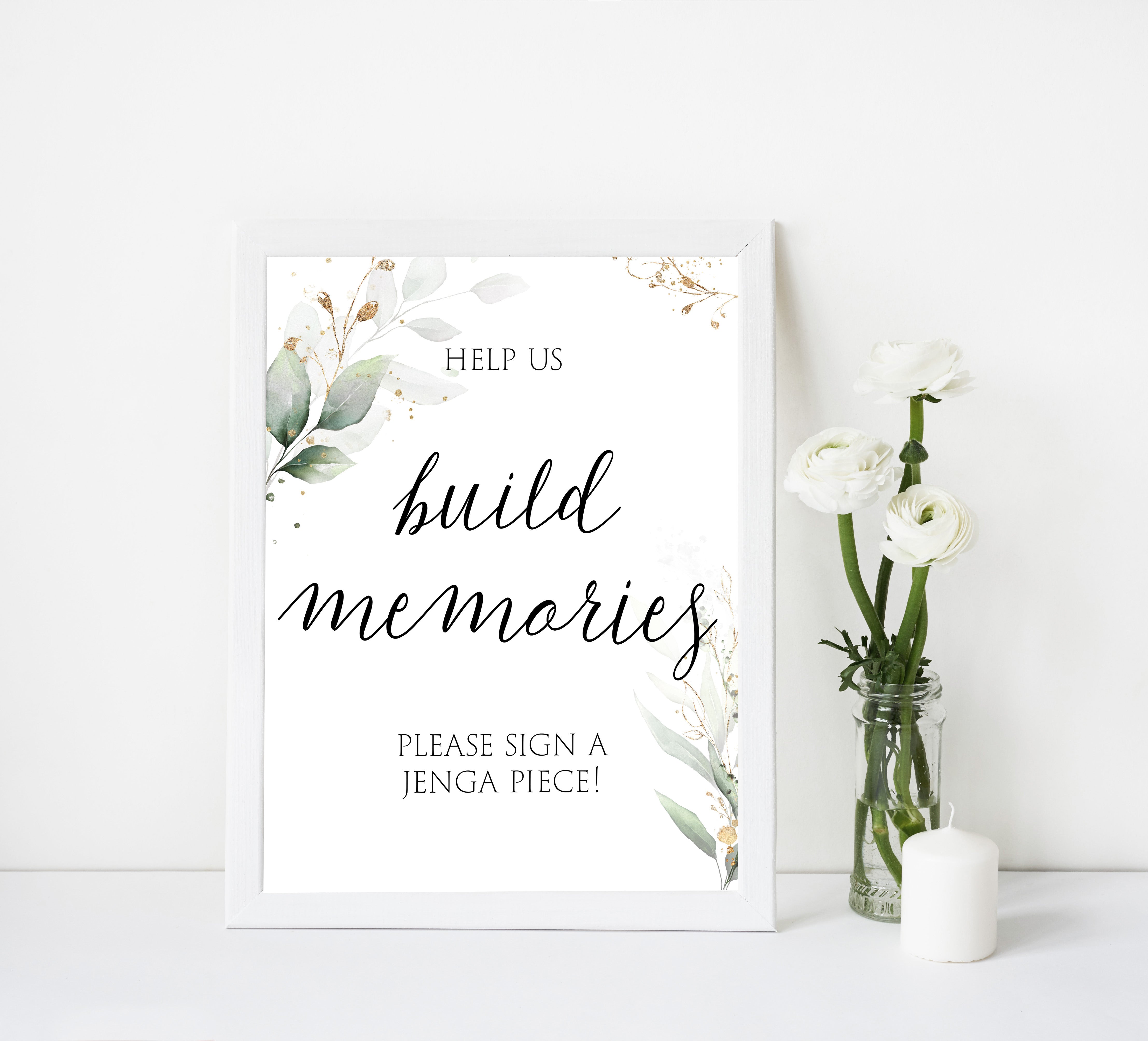 build memories jenga bridal signs, jenga table signs, Printable bridal shower signs, greenery bridal shower decor, gold leaf bridal shower decor ideas, fun bridal shower decor, bridal shower game ideas, greenery bridal shower ideas