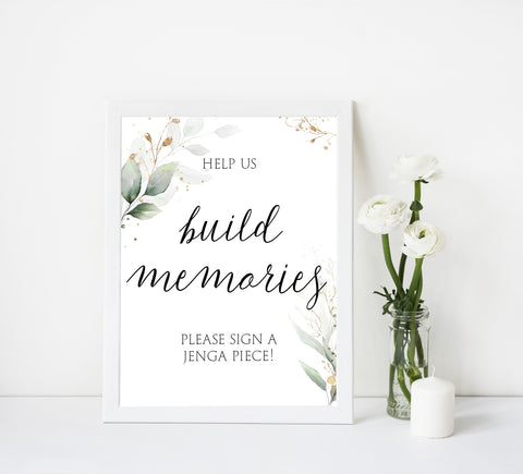 build memories jenga bridal signs, jenga table signs, Printable bridal shower signs, greenery bridal shower decor, gold leaf bridal shower decor ideas, fun bridal shower decor, bridal shower game ideas, greenery bridal shower ideas