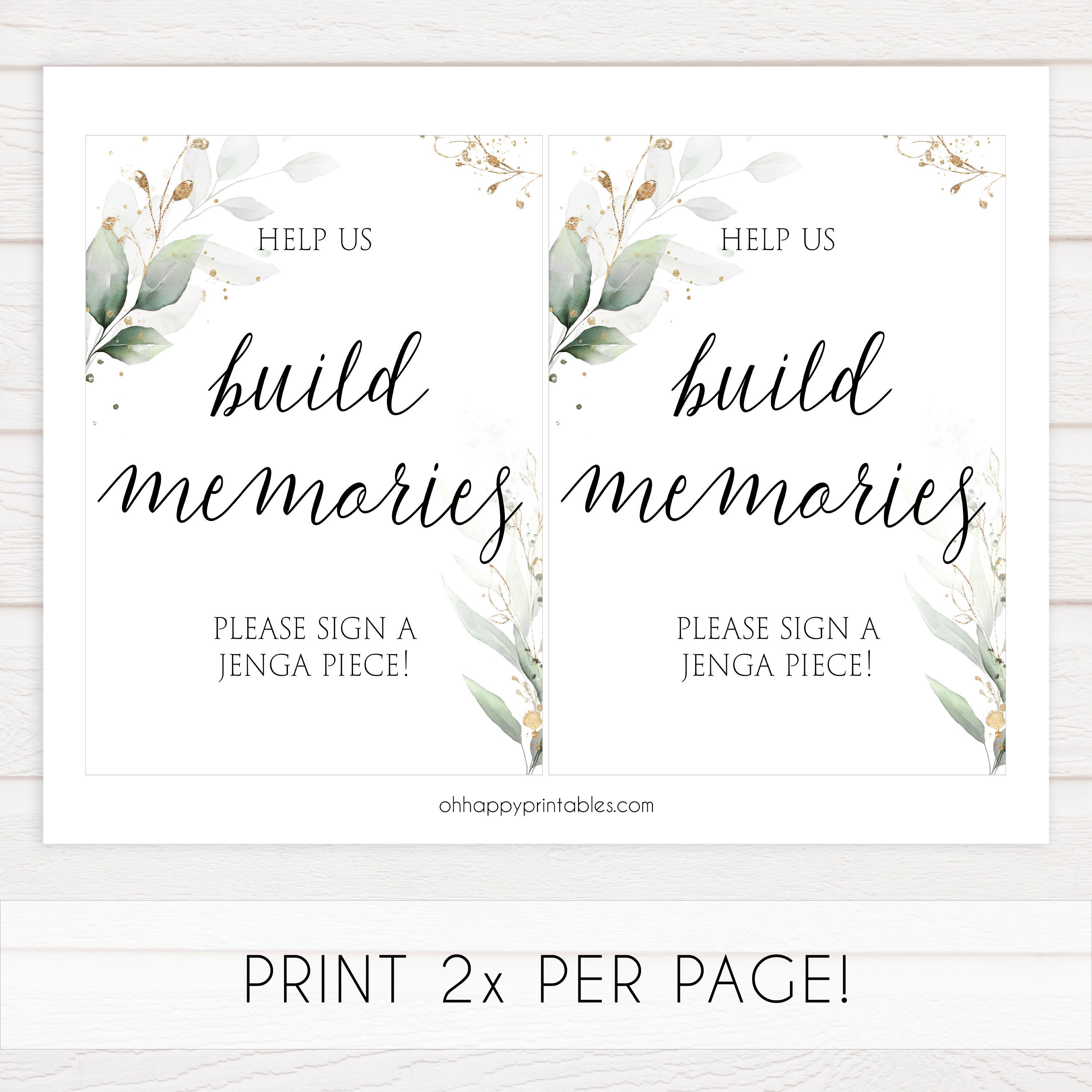 build memories jenga bridal signs, jenga table signs, Printable bridal shower signs, greenery bridal shower decor, gold leaf bridal shower decor ideas, fun bridal shower decor, bridal shower game ideas, greenery bridal shower ideas