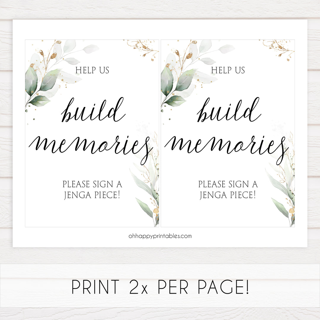 build memories jenga bridal signs, jenga table signs, Printable bridal shower signs, greenery bridal shower decor, gold leaf bridal shower decor ideas, fun bridal shower decor, bridal shower game ideas, greenery bridal shower ideas