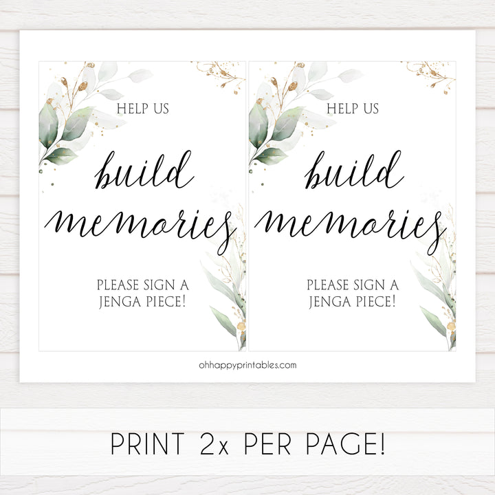 build memories jenga bridal signs, jenga table signs, Printable bridal shower signs, greenery bridal shower decor, gold leaf bridal shower decor ideas, fun bridal shower decor, bridal shower game ideas, greenery bridal shower ideas