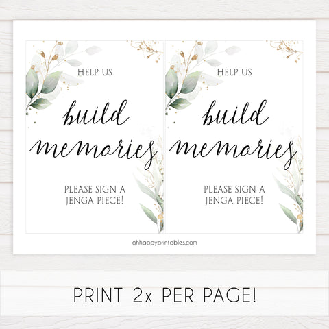 build memories jenga bridal signs, jenga table signs, Printable bridal shower signs, greenery bridal shower decor, gold leaf bridal shower decor ideas, fun bridal shower decor, bridal shower game ideas, greenery bridal shower ideas